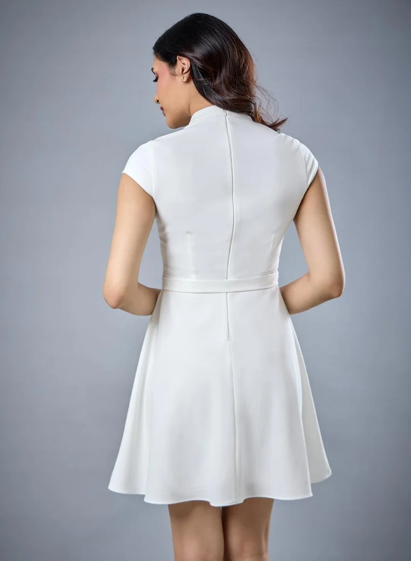 Zigzag  Short Sleeve Off White Belted Dress for Women | Best Price UAE
